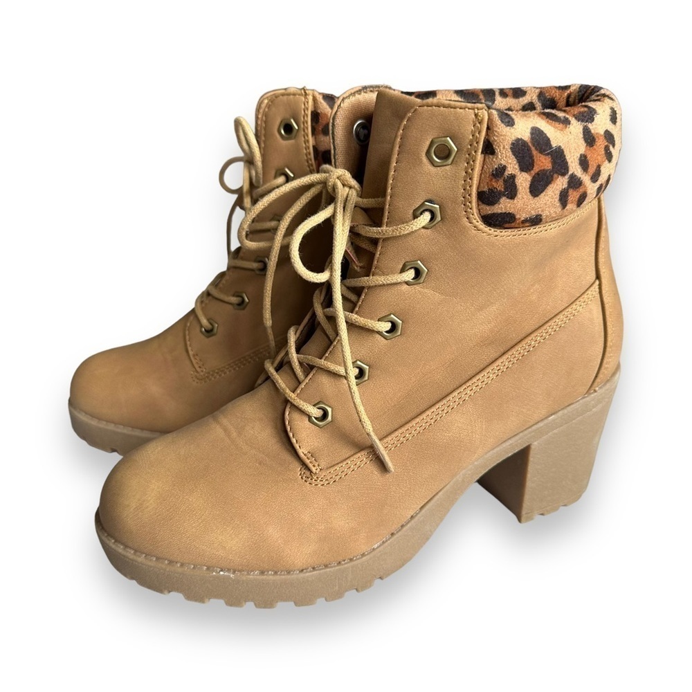 Nicole Tan Lace up Heel Boots Leopard Trim Size 5 Y2K